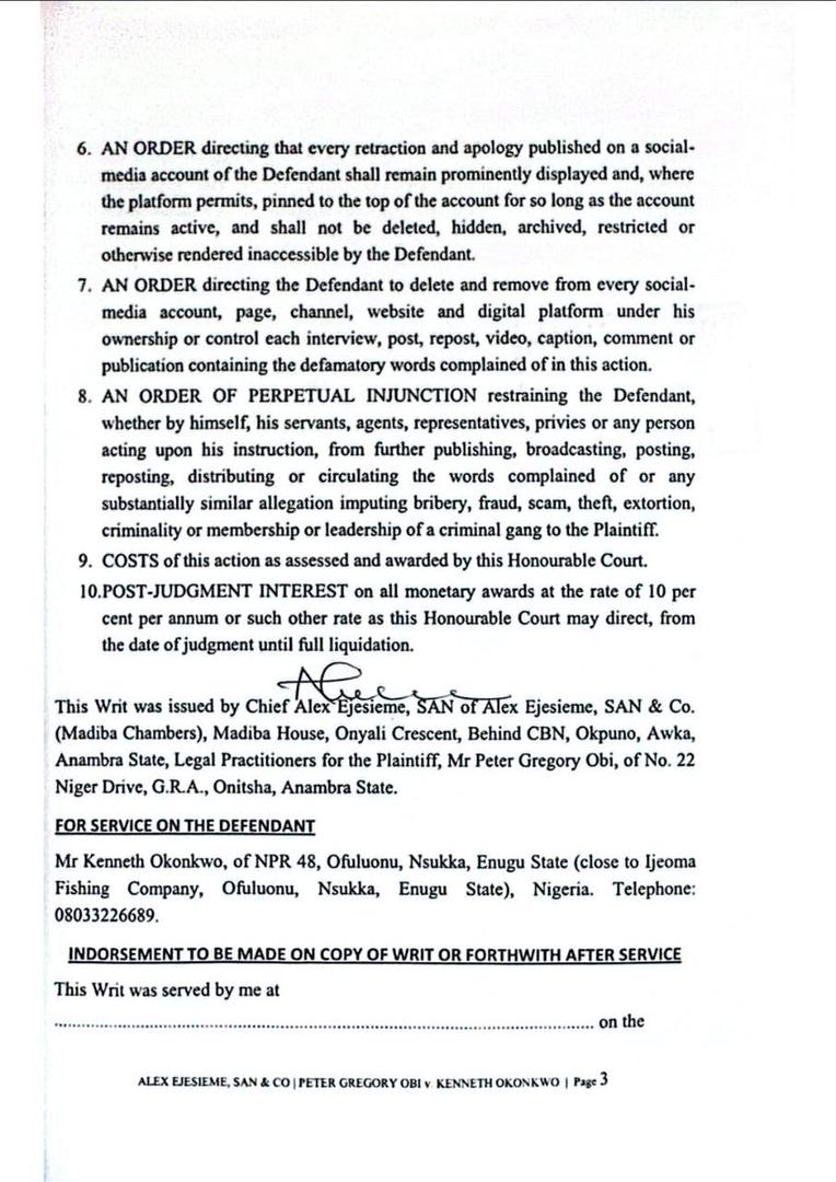 Obi Sues Kenneth Okonkwo for ₦8 Billion Over Alleged Defamatory Remarks