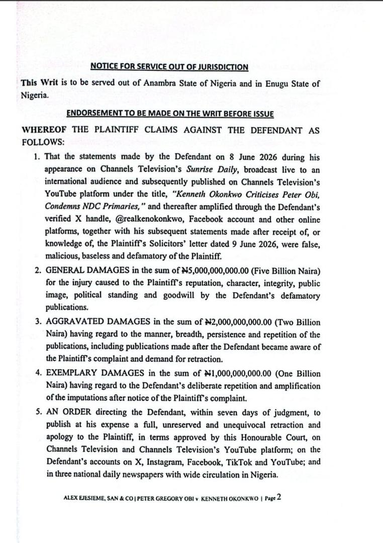 Obi Sues Kenneth Okonkwo for ₦8 Billion Over Alleged Defamatory Remarks
