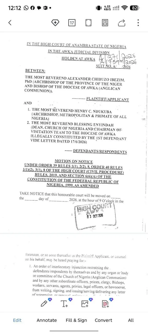 Archbishop Ibezim Challenges Primate Ndukuba, Church of Nigeria in Court Over Six-Month Leave