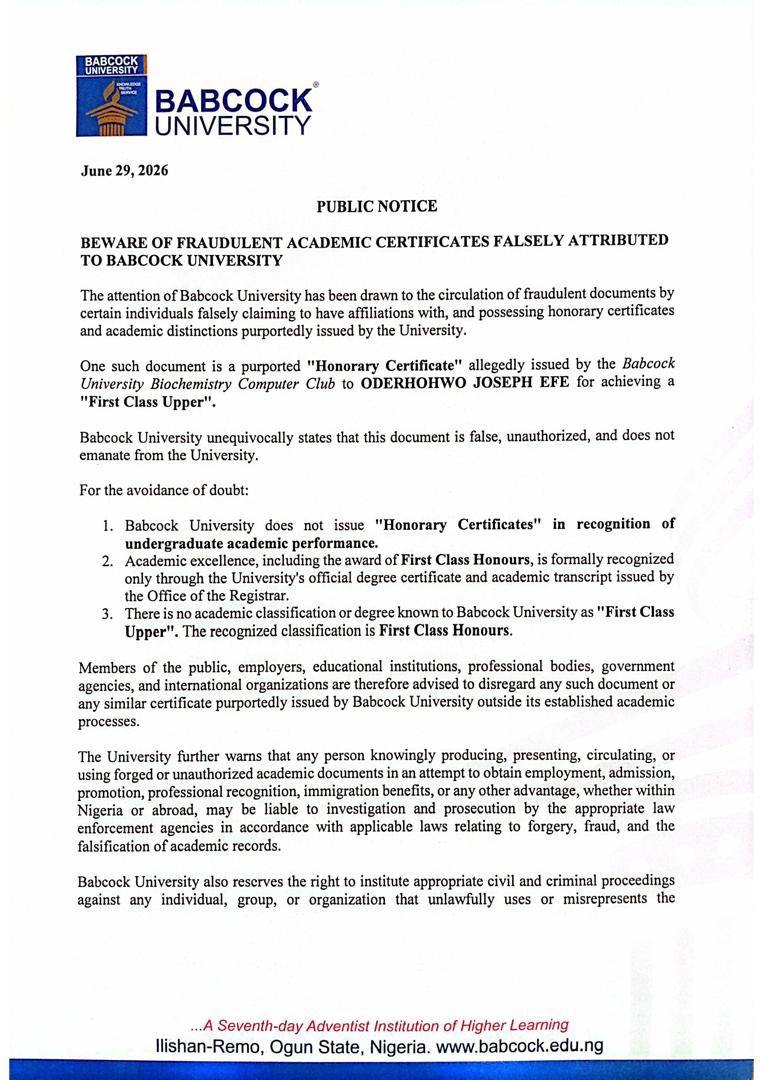 Babcock University Disowns Fake Certificate Linked to Carter Efe