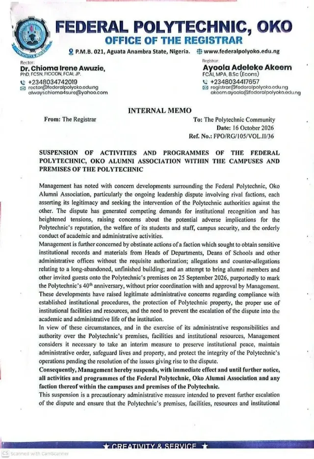 Oko Poly Halts Alumni Association Activities Over Leadership Crisis