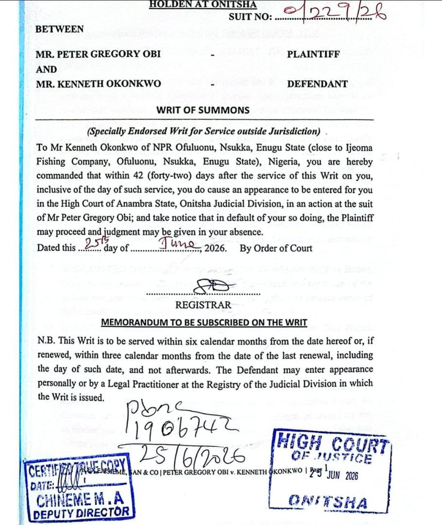 Obi Sues Kenneth Okonkwo for ₦8 Billion Over Alleged Defamatory Remarks
