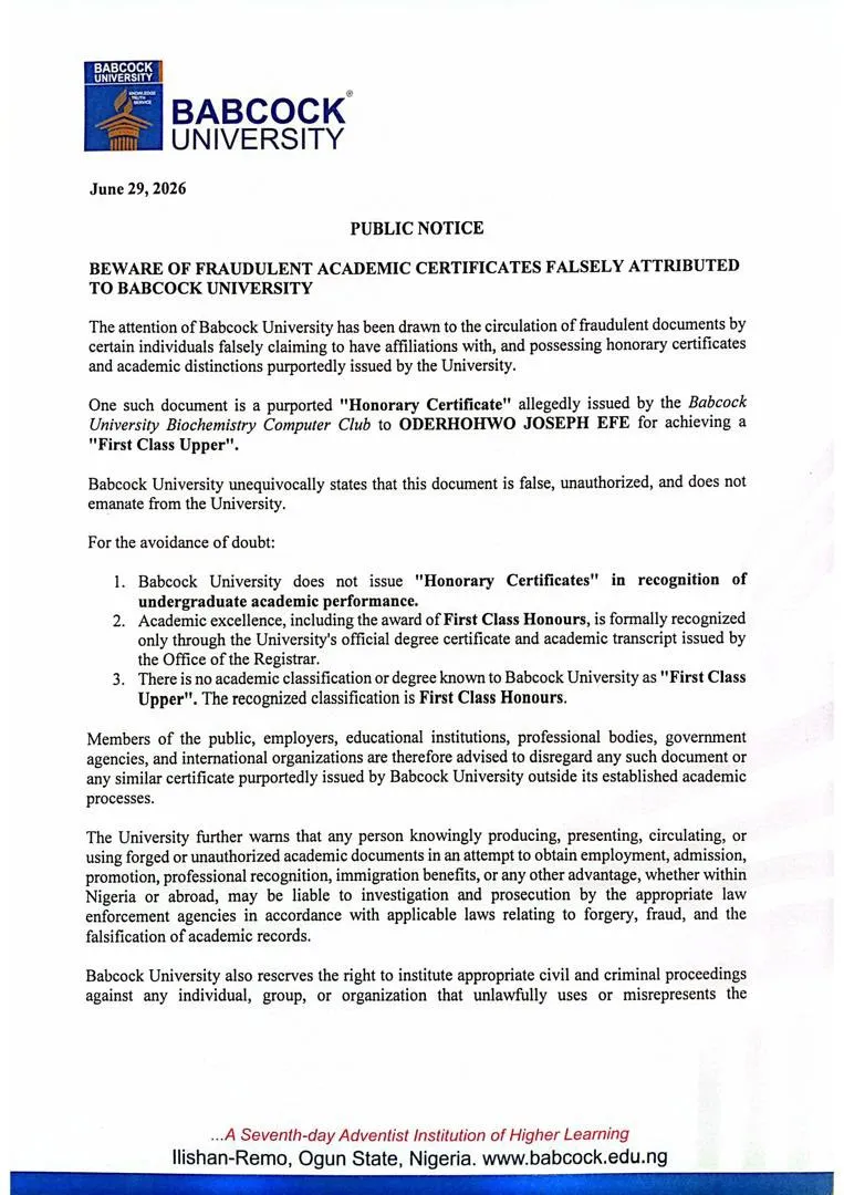 Babcock University Disowns Fake Certificate Linked to Carter Efe